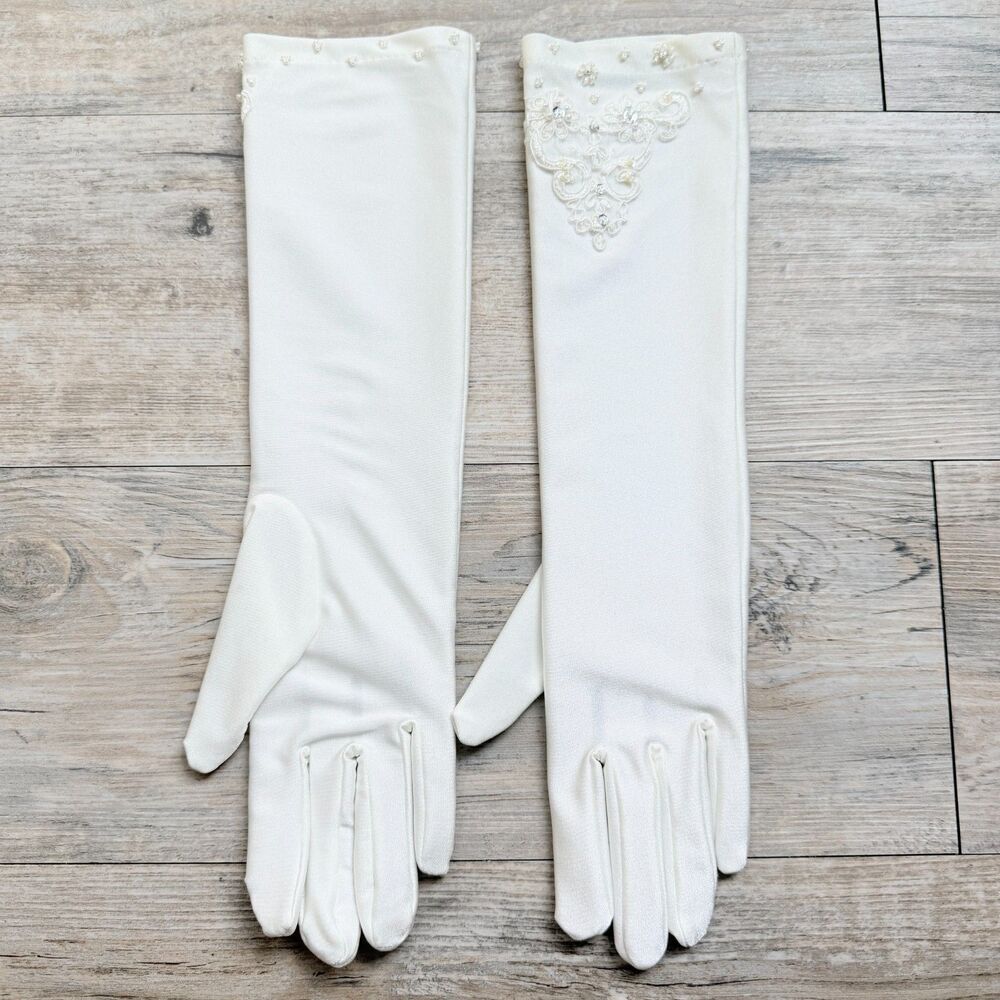 Vintage Bridal Gloves Ivory Beaded Lace Wedding Gloves Long Formal Opera Gloves